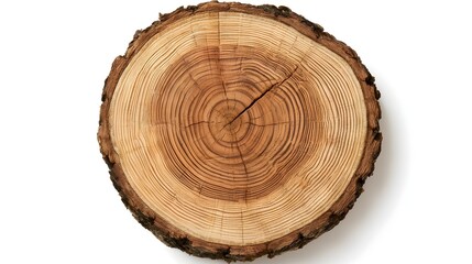 Obraz premium Top view of circular wooden stump showing detailed growth rings with dark bark isolated on white background bg.