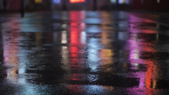 Rainy Night City Street Reflection, Neon Lights on Wet Pavement, Urban Atmosphere