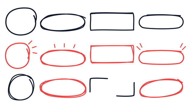 Set of hand drawn doodle frames, circles and rectangles in black and red colors, vector design elements isolated on transparent background