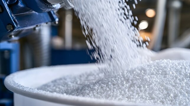 White plastic polymer pellets pouring from an industrial machine into a large storage container in a manufacturing facility.