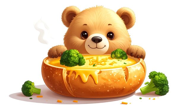 Cute Teddy Bear Enjoying a Warm Bowl of Creamy Broccoli Cheddar Soup in a Freshly Baked Crusty Bread Bowl