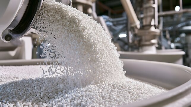 White plastic polymer pellets pouring from an industrial machine into a large storage container in a manufacturing facility.