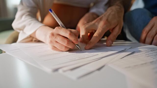 Pregnant wife filling insurance paperwork home. Couple writing mortgage