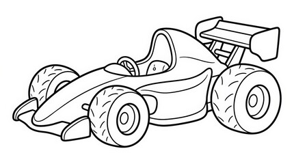 Fototapeta premium Side-quarter view line art of a child's Formula 1 style racing car, black and white illustration for coloring enthusiasts