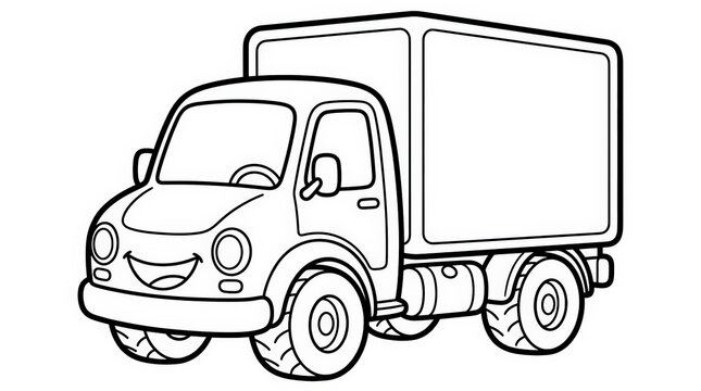 Front-quarter view line art of a friendly cartoon delivery box truck with a smiling face, black and white illustration for kids