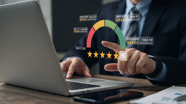 Businessman's hand interacting with a digital customer satisfaction meter and five-star rating on a laptop screen