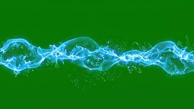 Glowing Blue Energy Wave Abstract Particle Flow Center Line on Green Screen Chroma Key 4K Stock Footage for Video Editors Cinematic Sci-Fi VFX Neon Liquid Plasma Motion Graphic Transition Overlay Loop