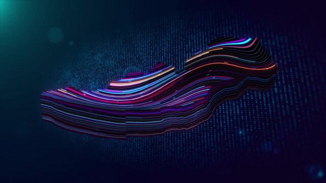Dynamic Slovakia map reveal animation combines flowing neon lines, glowing particles, blue digital grid texture, dimensional depth, and a Slovakia text reveal for modern technology visuals.