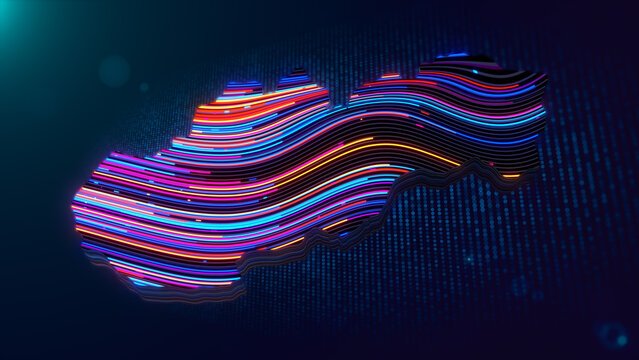 Abstract Slovakia map rendered with colorful glowing lines, digital particles, dotted grid texture, dimensional depth, and dramatic blue lighting for a modern futuristic technology background.