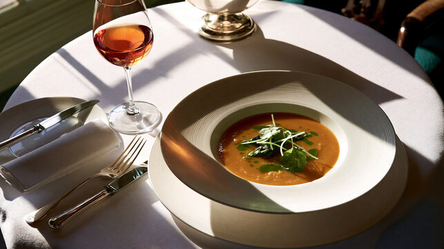 Exquisite soup bowl and wine glass on a white tablecloth, reflecting a high end culinary experience with sophisticated plating