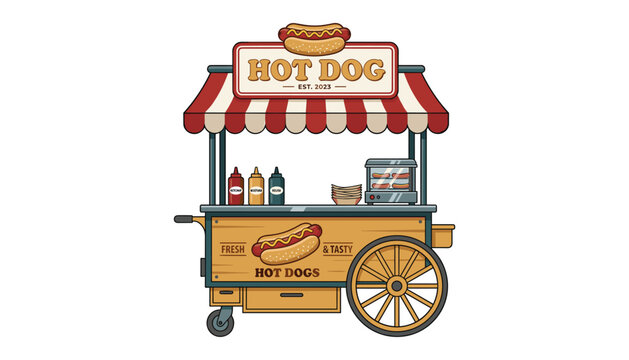 Vintage hot dog cart vector illustration with striped awning and condiments for fast food street vendor design