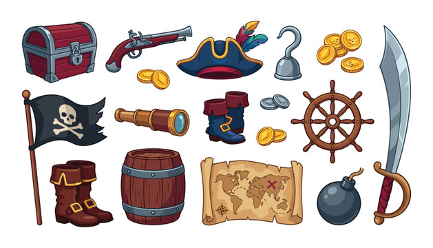 Vintage cartoon pirate adventure elements vector illustration collection with treasure chest skull flag and map isolated on white background
