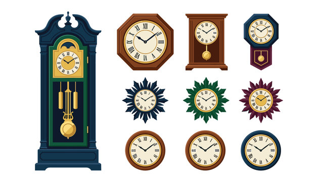 Vintage grandfather clock and antique wall clocks vector illustration collection with roman numerals isolated on white background