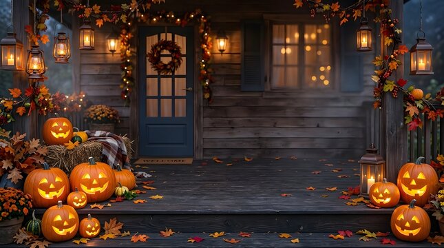 A festive house entrance decorated with glowing jack o lanterns and warm hanging lights for a spooky halloween night