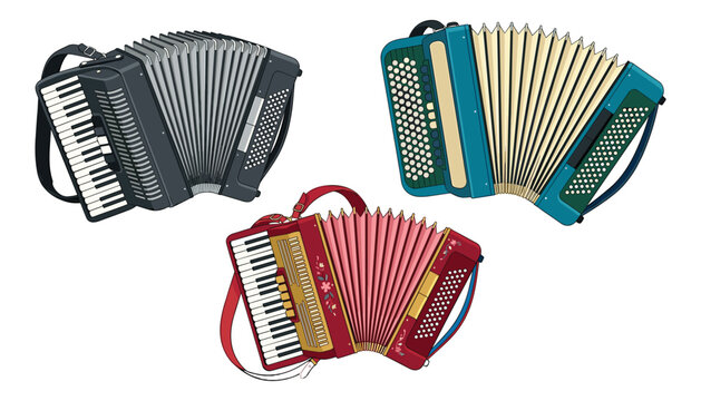 Vintage and classical musical accordions vector illustration collection featuring piano and button squeeze boxes isolated on white background