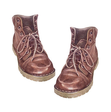 Watercolor brown boots isolated on white background. Protective shoe for winter walk. Old retro vintage. Creative hand-drawn clipart for clothing shop or card. Casual object for wallpaper or wrapping