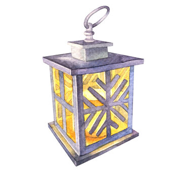 Watercolor Christmas lantern with snowflake and glowing candle inside. Hand-painted cozy winter clipart isolated on white background. Warm light for decor home. New Year card or wallpaper or wrapping