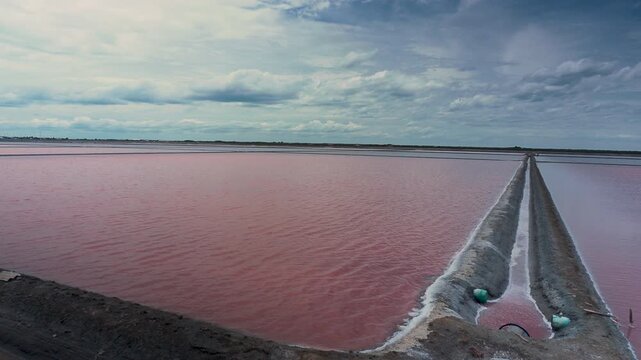 Natural pink salt evaporation pan caused by Dunaliella salina microalgae during sea salt production process.