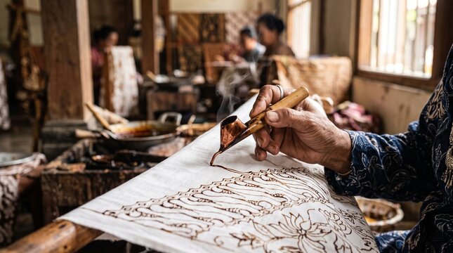 Indonesian artisan making handmade batik tulis using canting tool and hot wax on fabric for National Batik Day celebration concept