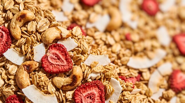 Macro Golden Granola And Strawberry Texture Background
