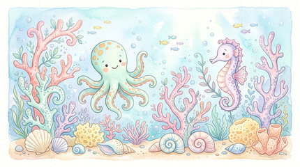 Naklejka premium Cute watercolor illustration of an octopus and seahorse in an underwater coral reef scene.