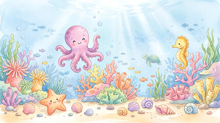 Fototapeta premium Cute watercolor illustration of an underwater sea life scene with octopus and seahorse.
