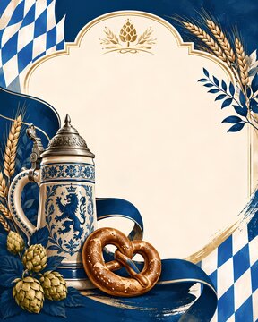 Vintage Oktoberfest Background Frame with Beer Stein, Pretzel, and Hops Illustration