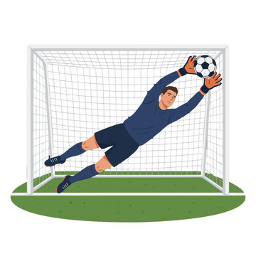Professional soccer goalkeeper diving in the air to save a goal shot in front of the net illustration.