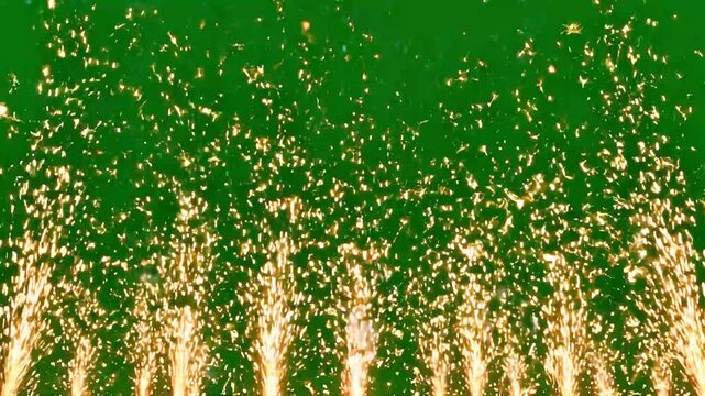 Golden Fireworks Sparks Fountain Stage Pyrotechnics on Green Screen Background 4K Stock Footage for Video Editors Celebration Sparkler Fountain VFX Concert Event Show Particle Burst Overlay Animation