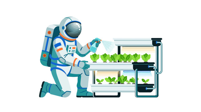 Astronaut gardener misting green plants in vertical hydroponic system for futuristic space agriculture flat vector element