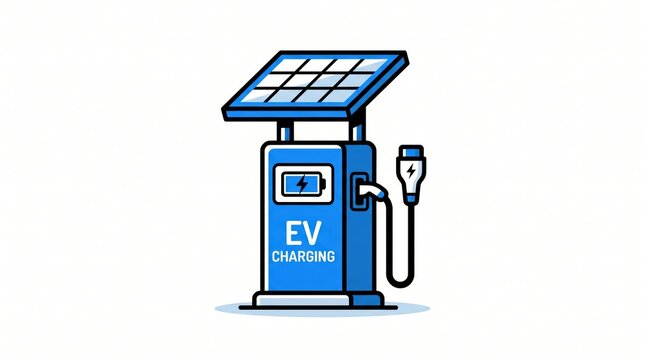off grid microgrid solution resources efficiency concept. Electric vehicle charging station with solar panel on top, blue design.