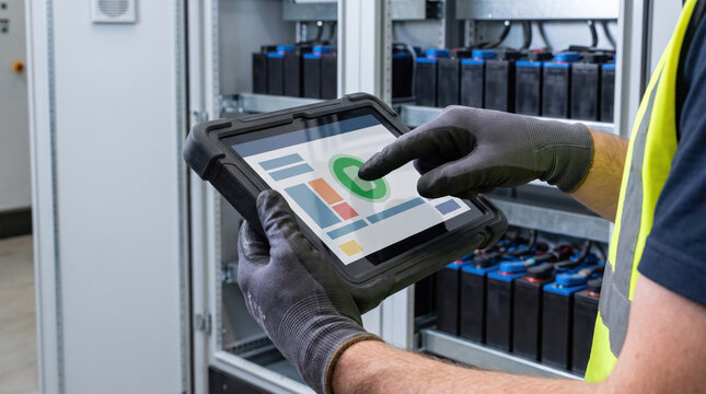 off grid microgrid solution resources efficiency concept. Worker using a tablet to monitor battery performance in an industrial control room.