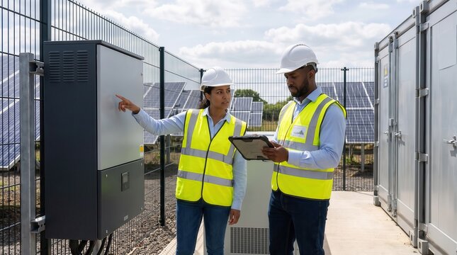 off grid microgrid solution resources efficiency concept. Two engineers in safety vests and helmets inspecting electrical equipment outdoors.