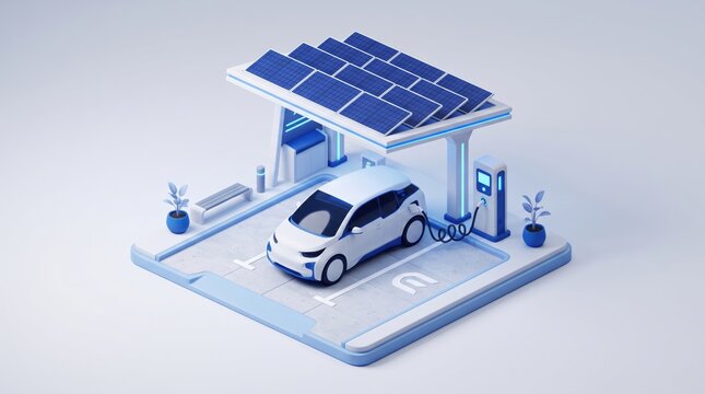 off grid microgrid solution resources efficiency concept. Electric car charging station with solar panels and greenery in a clean design.