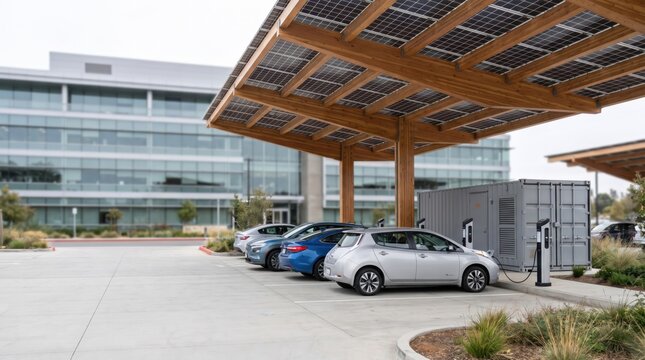 off grid microgrid solution resources efficiency concept. Electric cars charging under solar-paneled canopies in a modern office parking lot