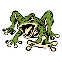 Fototapeta premium Aggressive Green Frog Mascot Cartoon Jumping with Open Mouth Vector Illustration
