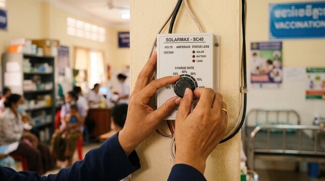 off grid microgrid solution resources efficiency concept. Hands adjusting a solar-powered device in a busy vaccination clinic room.