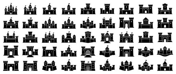 Collection of Black Castle Icons Isolated on Transparent Background