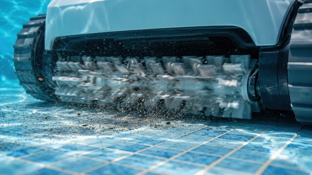 Robotic pool vacuum spinning brush roller scrubbing debris off pool floor tiles underwater, extreme macro of automatic pool cleaner in action