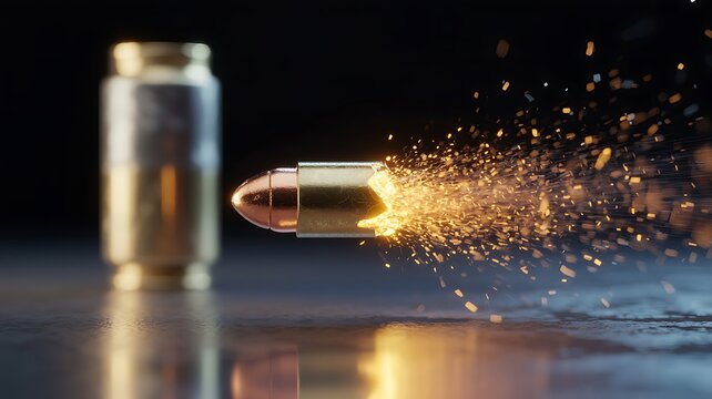 
Firing bullet with brass cartridge and sparks showing high speed ballistic action