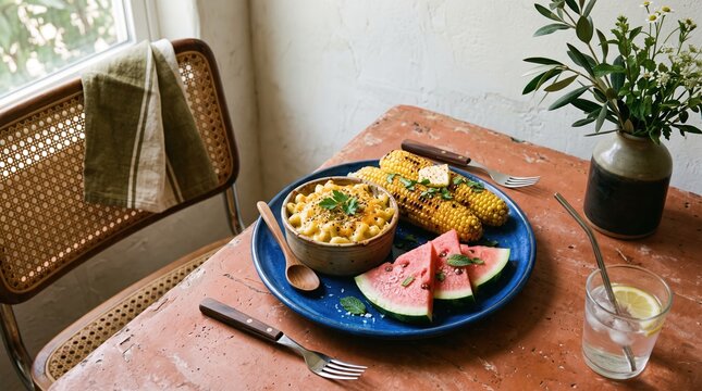Macaroni cheese and corn on cob with watermelon slices on rustic table