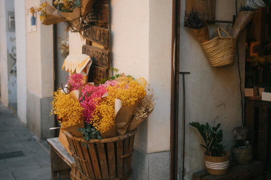 Flower shop entrance decorated with colorful dried mimosa bouquets on Madrid street