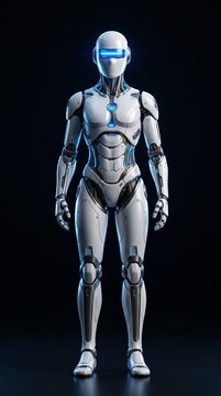 A futuristic android, with a sleek white chassis and glowing blue optical sensors, stands poised and alert. Its metallic limbs and intricate joints suggest advanced robotics.