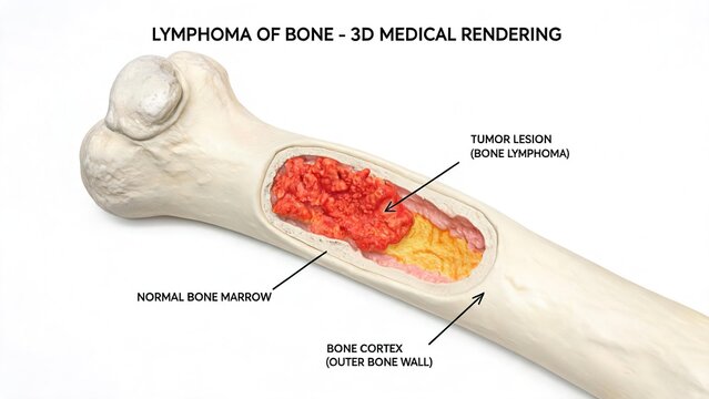 Lymphoma of bone 3D medical illustration, longitudinal section of long bone showing tumor lesion, bone cortex and bone marrow