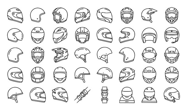 Motorcycle Helmet Safety Protective Full Face Open Face Outline Vector Icon Set