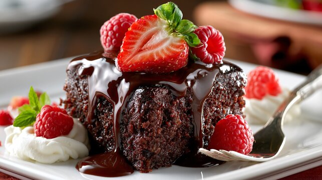 Delicious Gourmet Chocolate Cake Slice with Fresh Toppings
