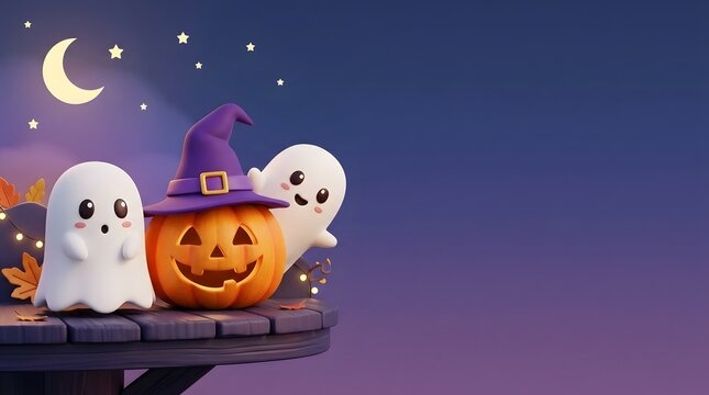 Cute 3D Halloween scene featuring friendly white ghosts and a carved jack-o-lantern pumpkin wearing a purple witch hat under a crescent moon.