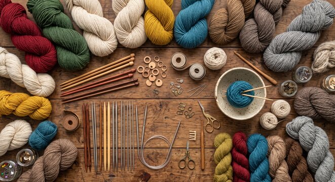 tools and materials for making Wool yarn knitting craft