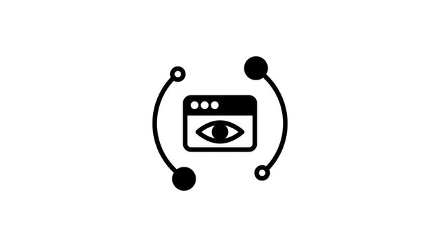 An eye icon placed inside a browser window and connected by small dotted nodes represents website monitoring tracking and constant online surveillance