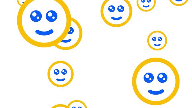 A cluster of overlapping orange and blue smiley face emoji icons represents happy customers positive community sentiment and satisfaction feedback